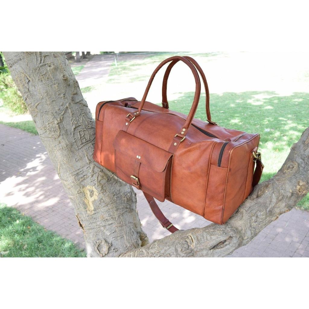 Vintage Genuine Brown Leather Travel Luggage Duffel Gym Bags Tote Goat Leather