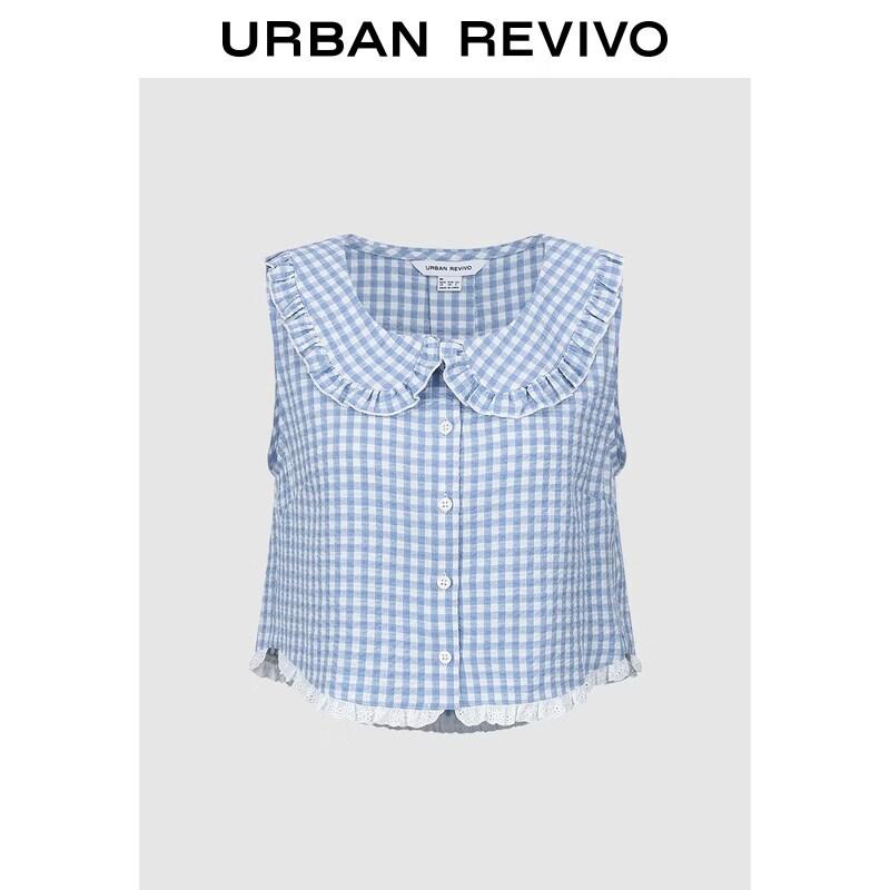 UR Women s Plaid Lace Hem Peter Pan Collar Button-Up Shirt S