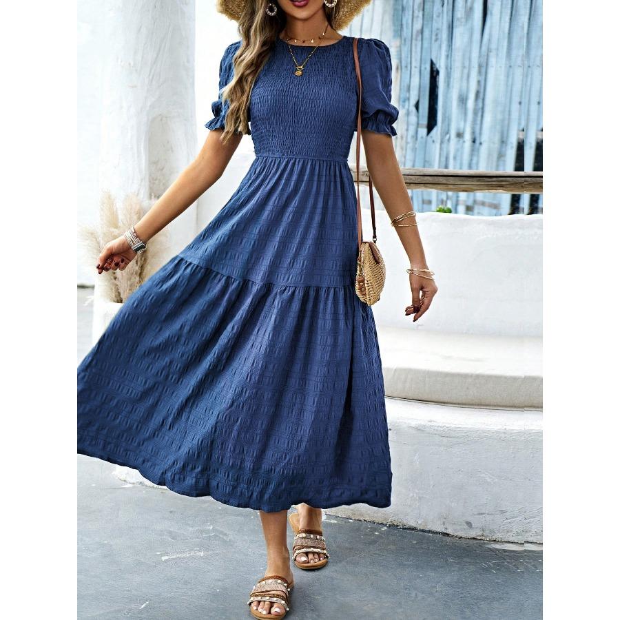 Casual Vacation Style Lotus Leaf Sleeve Cinched Waist Women's Long Dress 2025
