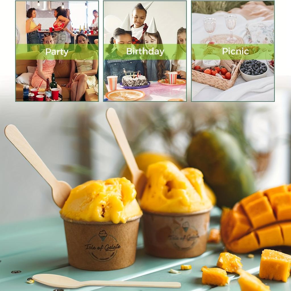 200 Party-Mini-Besteck Kuchen Eis 4 Zoll Einweg Birke 100 Mini-Holzlöffel, 100 Mini-Spitzlöffel