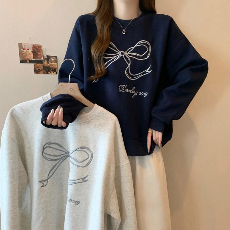 Womens Bow Embroidery Cotton Sweatshirt With 3d Design For Casual Wear