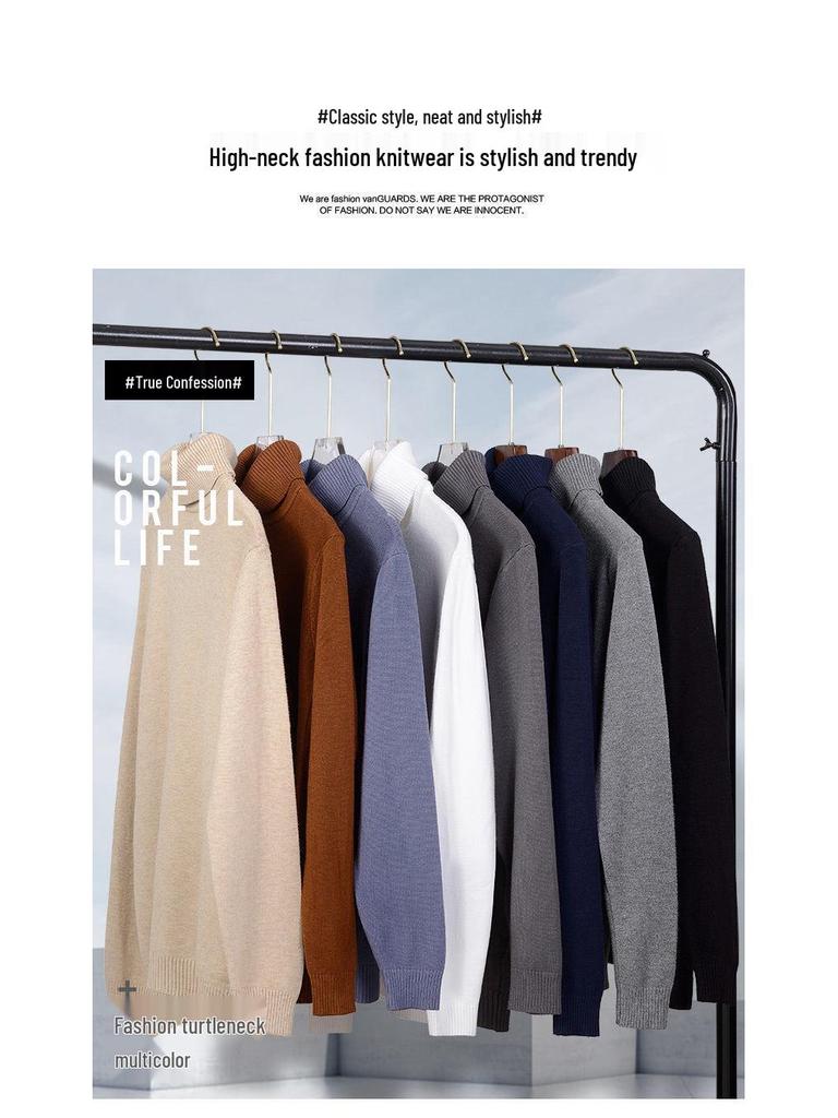 Men's Ribbed Wool High-Neck Sweater with Fleece, Warm Knitted Long Collar for Autumn and Winter