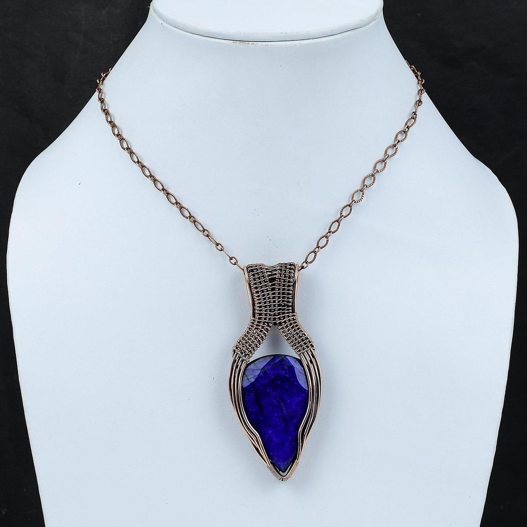 Faceted Blue Sapphire Pendant Copper Wire Wrapped Gemstone Pendant Handmade Copper Jewelry Designer Pendant Wire Wrap Jewelry Gift For Women