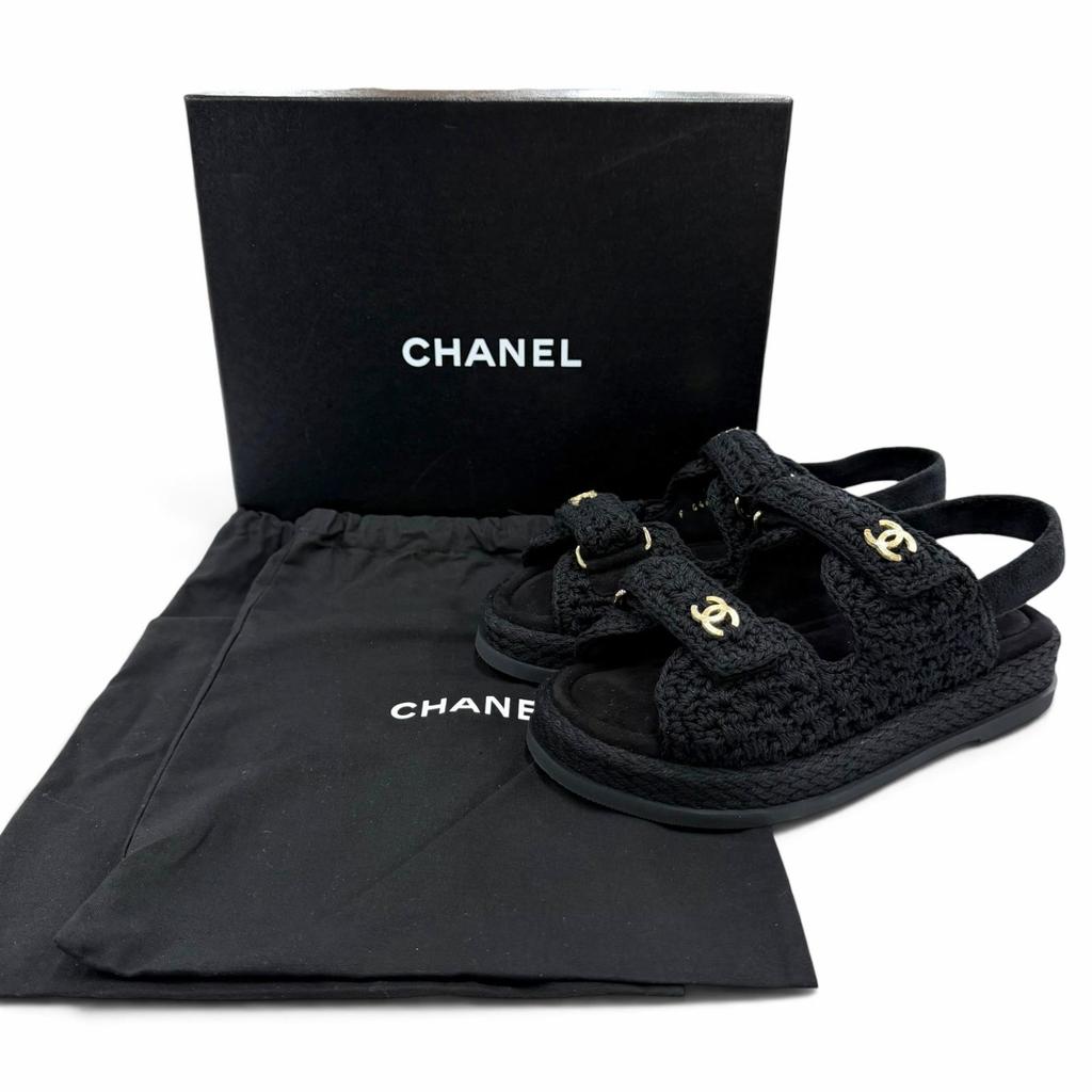 Pristine CHANEL Sandals COCO Mark Velcro Knit Black Suede Leather 37 G46339 Used