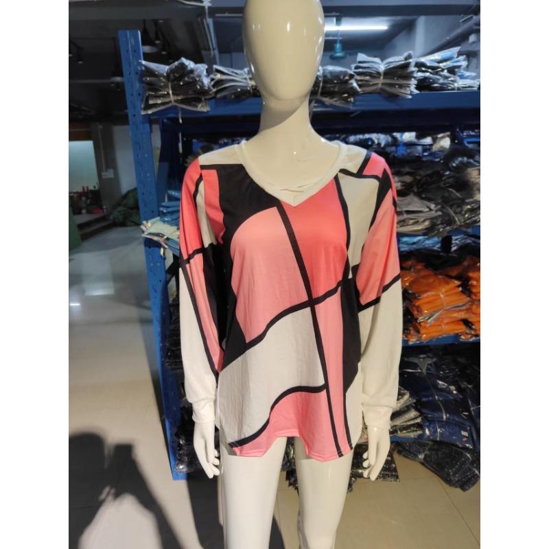 Autumn Long Sleeved Casual Loose V-neck Cross Geometric Printed Women's T-shirts