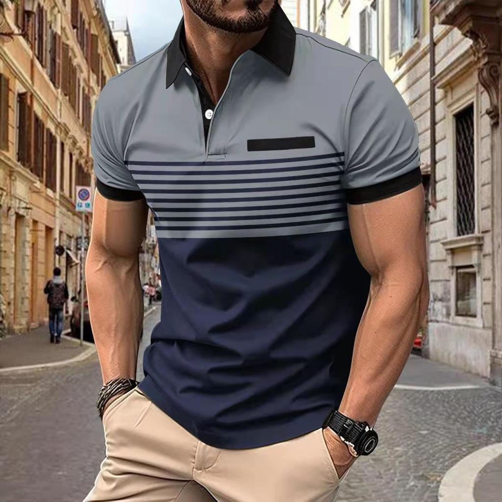 2024 Men's Striped Casual Polo Shirt with Button Lapel and Short Sleeves