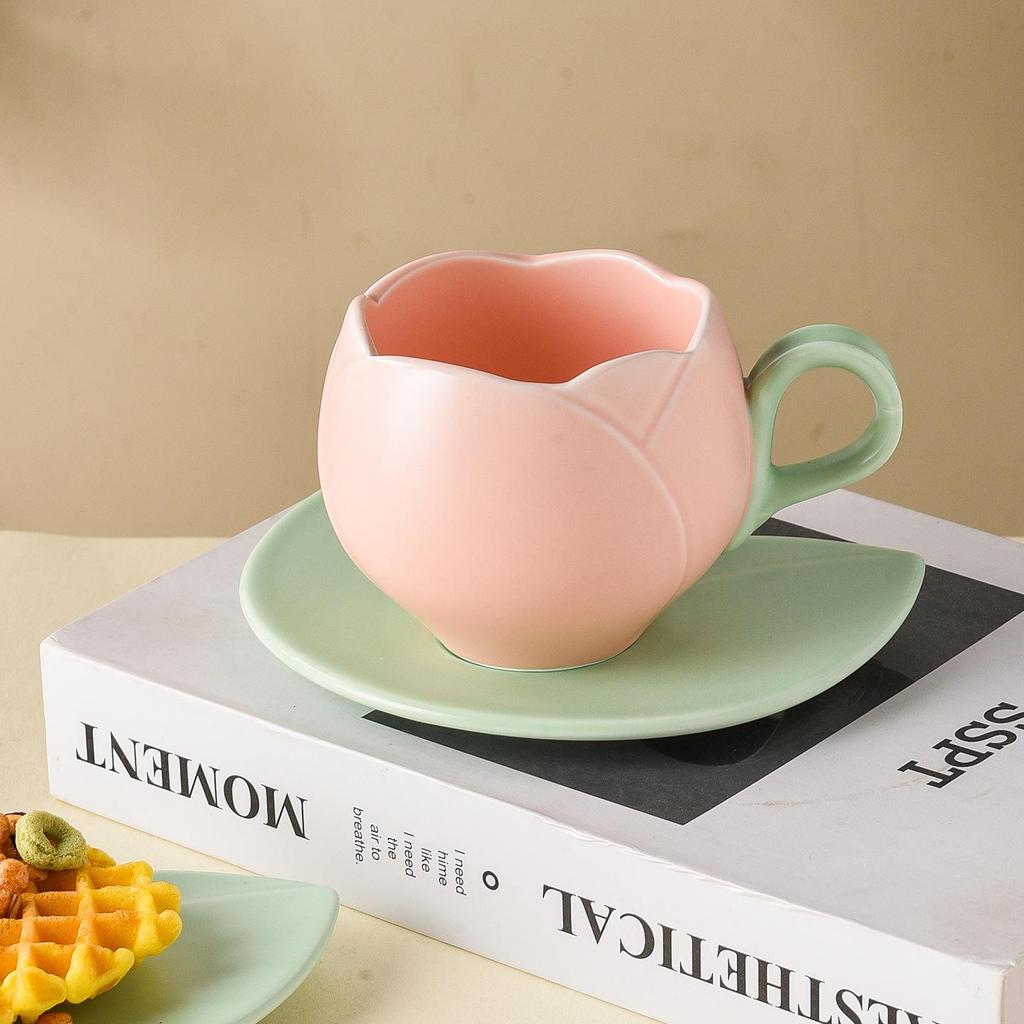Japanese Ceramic Tulip Coffee Cup & Saucer Set