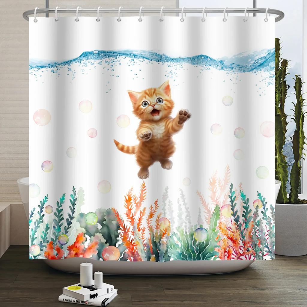 Kreskówkowy Kot Zasłona Prysznicowa Zabawne Zwierzę Słodki Kot Pies Dzieci Nadruk Wodoodporna Kąpiel Łazienka Zasłony Prysznicowe Dekoracja z Haczykami