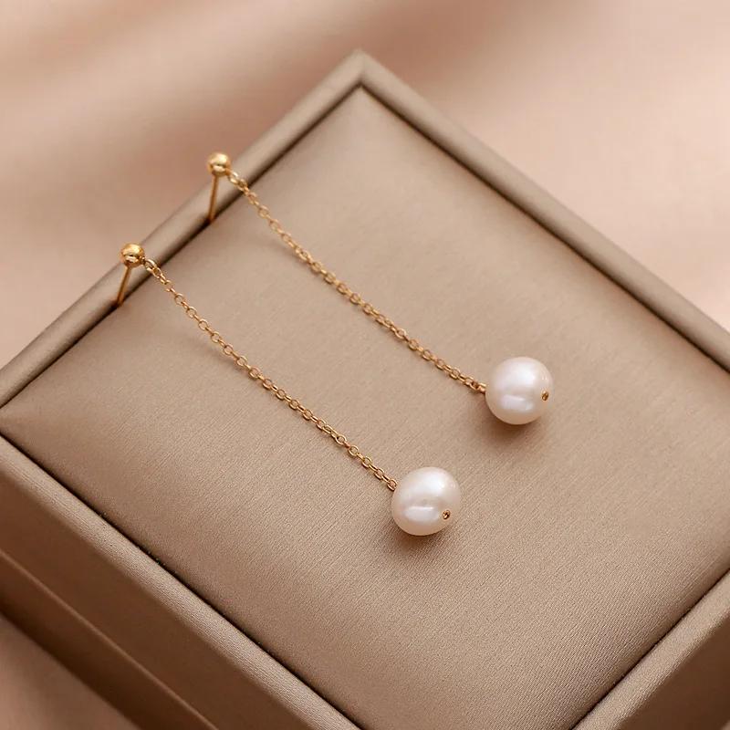 Women Gold Chain Long Tassel Earrings With Round Freshwater Pearls Wedding Bridal Jewelry