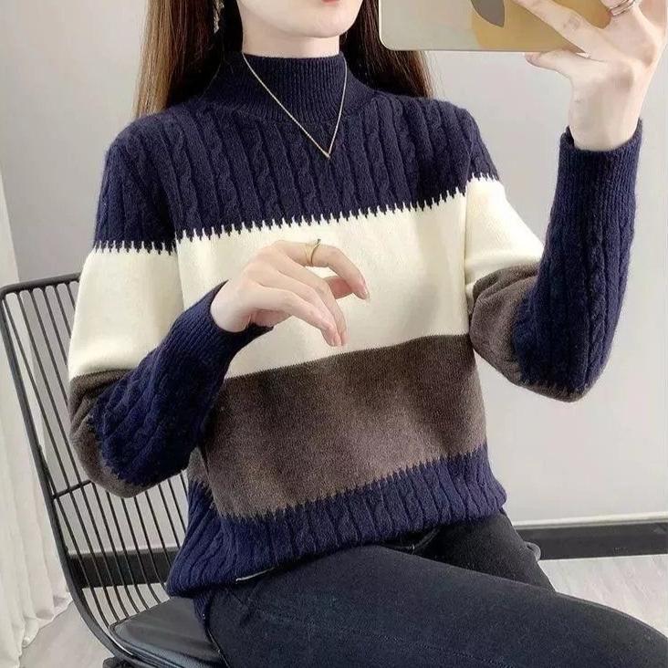 Half Turtleneck Knitwear for Women Loose Thickened Color-blocked Sweater Autumn and Winter Casual Top Pullover Winter Knitted Sweater