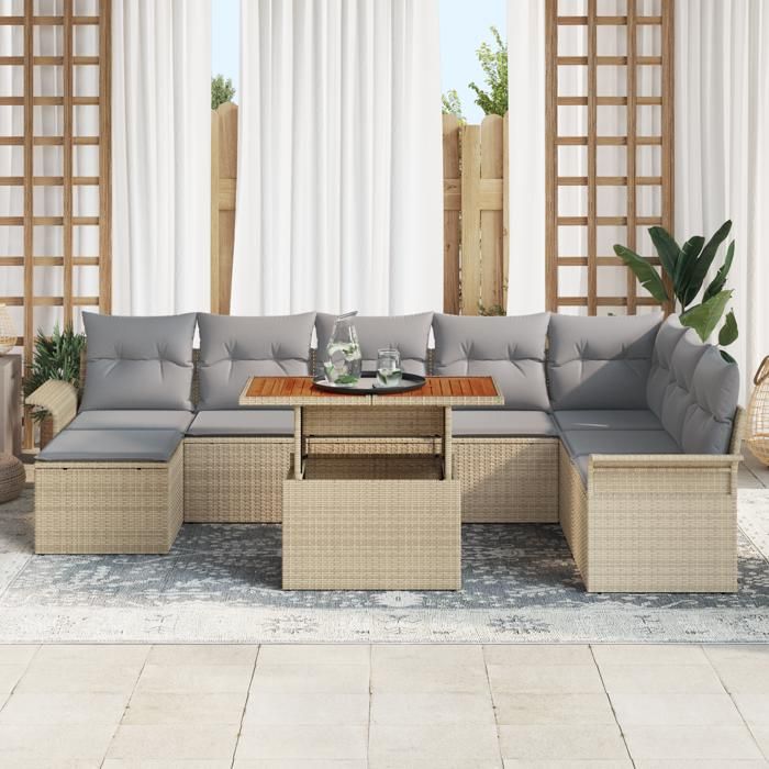 VidaXL Ensemble de salle à manger de jardin 9 pièces avec coussins beige en rotin poly acacia 3349370