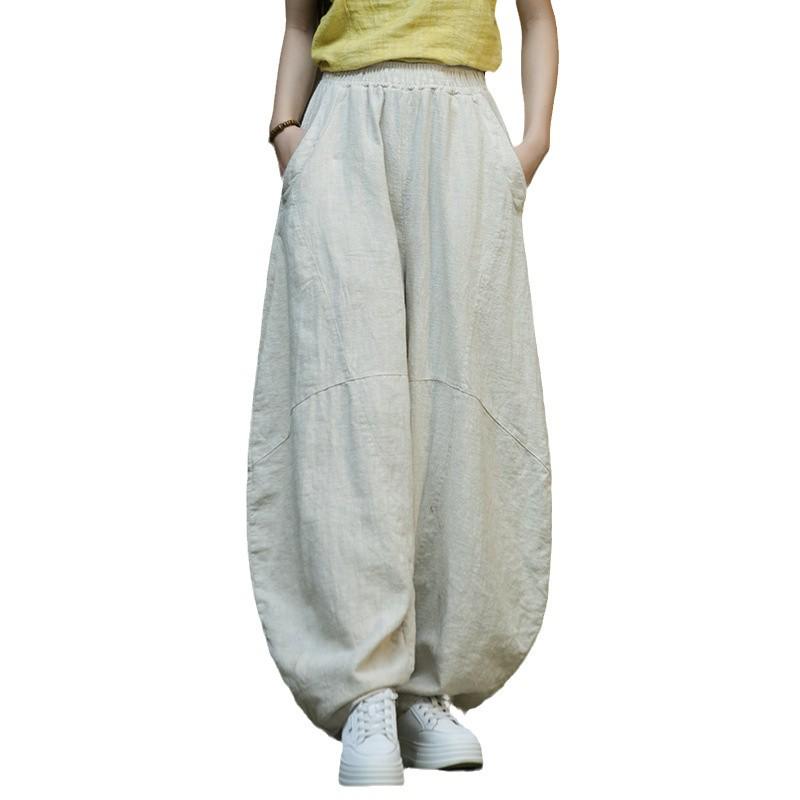 Pantaloni larghi a lanterna in ramiè effetto invecchiato da donna - Cotone e lino retrò per meditazione e Tai Chi