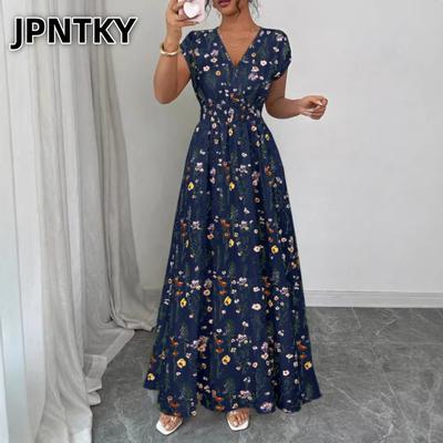 JPNTKY Módní letní jarní neformální šaty s krátkým rukávem a výstřihem do V