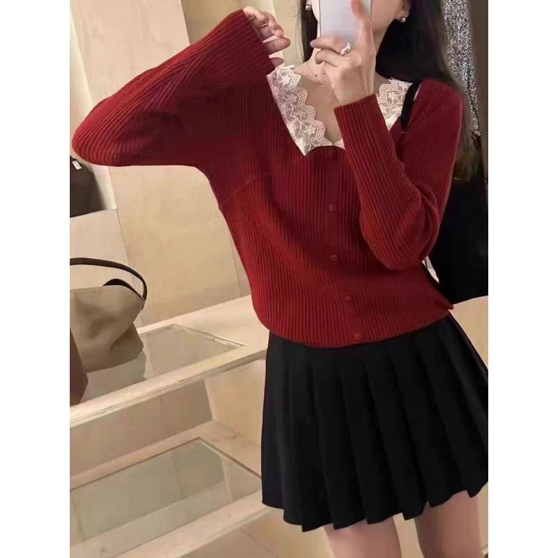 Herbst Winter V-Ausschnitt Langarm Strick Damen Pullover Top Lässig Einfach Spitze Büro Unterziehshirts Damen Süß Basic Slim Fit Knöpfe Pullover