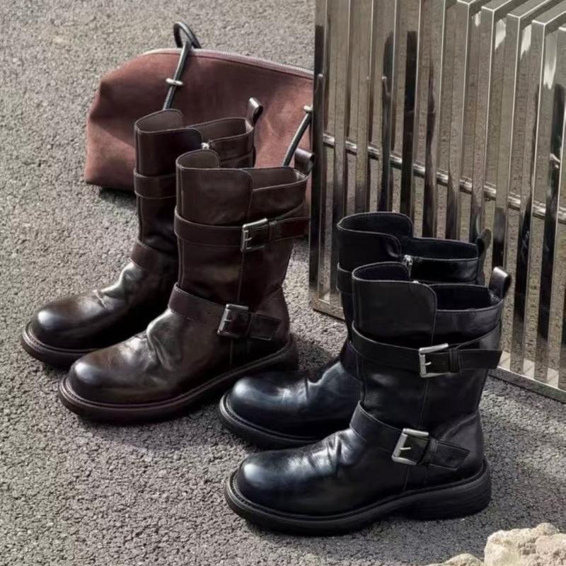 British wind washed Martin boots women's 2025 spring and autumn new real soft belt buckle thick bottom thin locomotive short boots