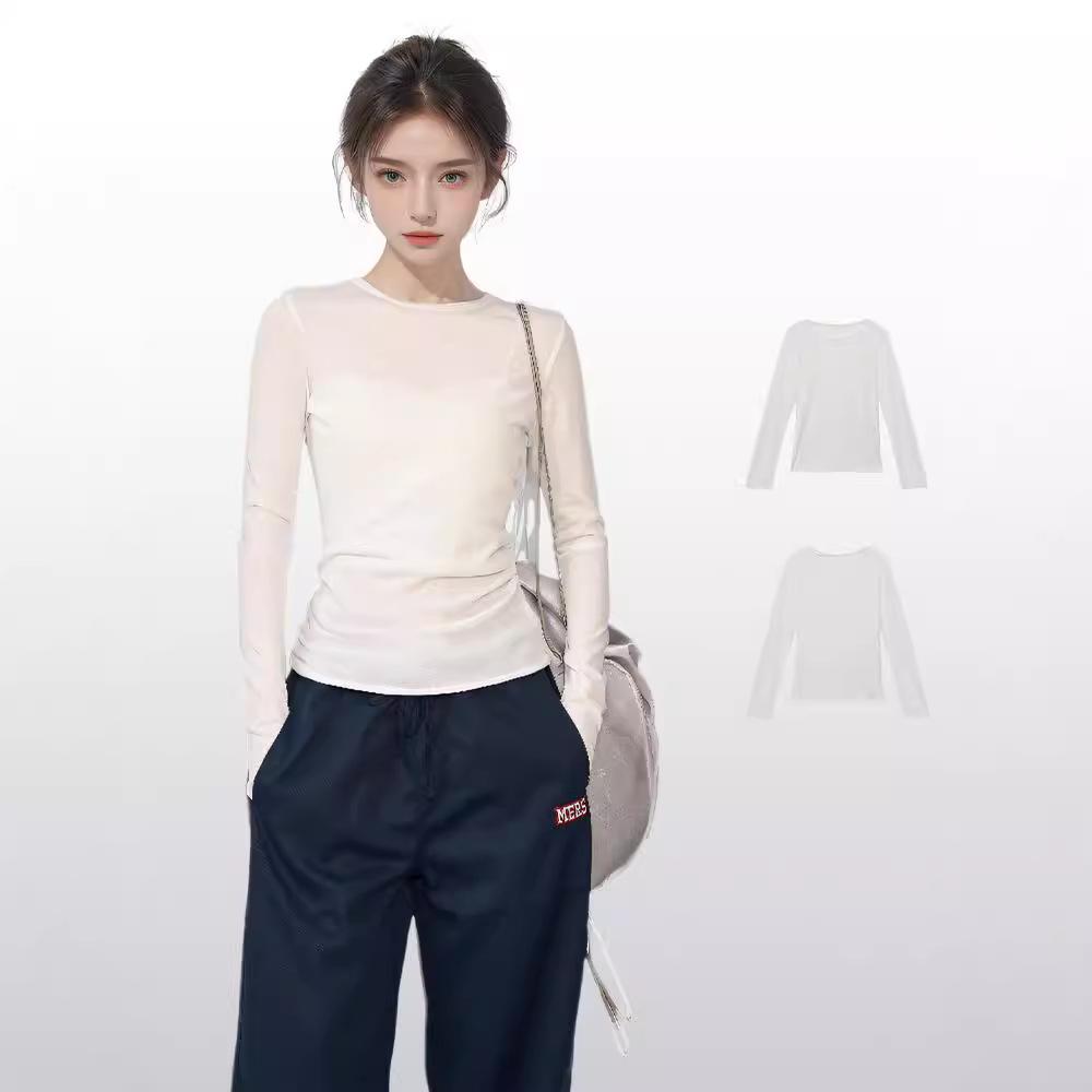 

White Thin Knitwear Women Spring Autumn Winter Inner Base Layer Slightly Sheer Slim Fit Long Sleeve T Shirt Short Sheer Top L білий