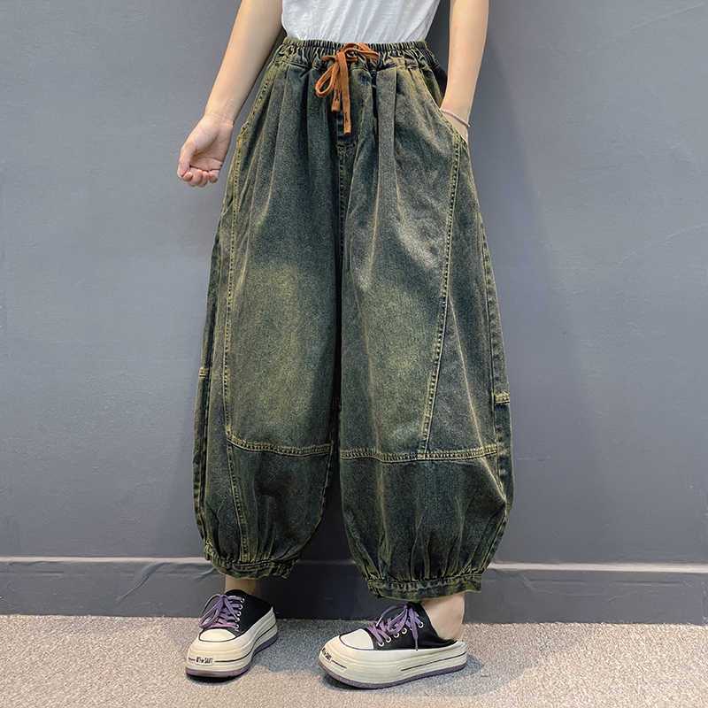

Women s Retro Plus Size Denim Pants Slimming Elastic Waist Casual Harem Loose 9-Point Jeans M