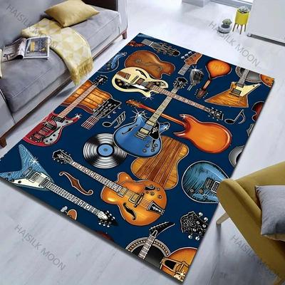 1PC Alfombra con Patrón de Guitarra Rockera Bajo Instrumento Musical Sala de Estar Dormitorio Mesita de Noche Felpudo Decoración del Hogar Tamaño Grande Lujo Regalo
