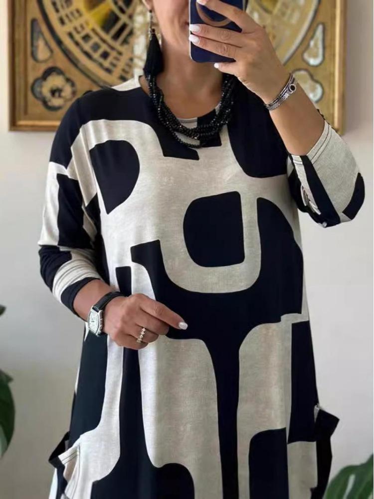 Abito Stampa Larga Autunno Inverno Donna Taglie Forti Manica Lunga Girocollo