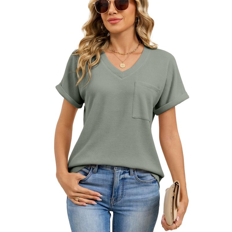 2026 Summer New Loose Women's V-Neck Waffle Pocket Short Sleeve Casual T-Shirt