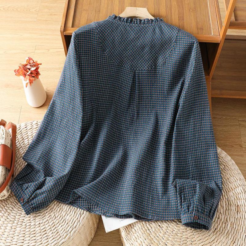Women's Blue Cotton Plaid Long Sleeve Shirt - Stylish Autumn 2026