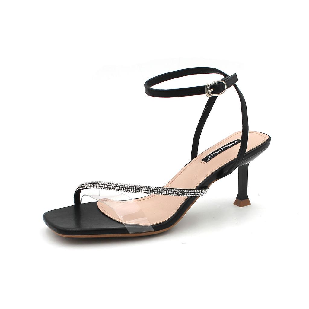 Sexy Strappy High-heeled Shoes Women's Rhinestone One-word Sandals Women's Stiletto Korean Version High-heeled Sandals Women