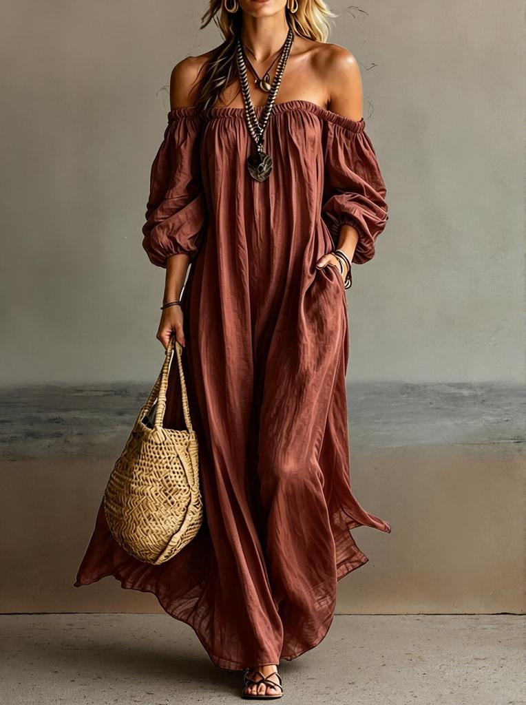 Maxi Abito Casual da Donna a Vestibilità Larga con Maniche Off-Shoulder per Vacanze al Mare