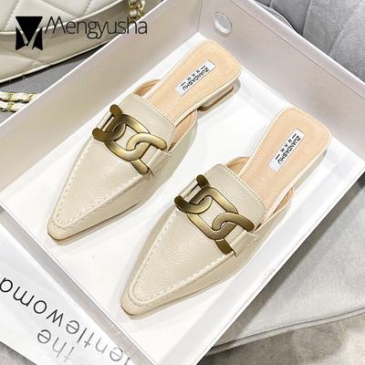 Fashion Plus Size 41/42 Women Metal Chain Slippers Square Low Heels Mules Ladies Sewing Shoes Summer Closed Pointed Toe Slides Sandalias
