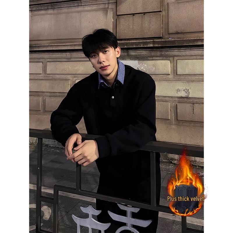 Men s Retro Plaid Patchwork Faux Two-Piece Velvet Hoodie and Polo Shirt Combo 2XL