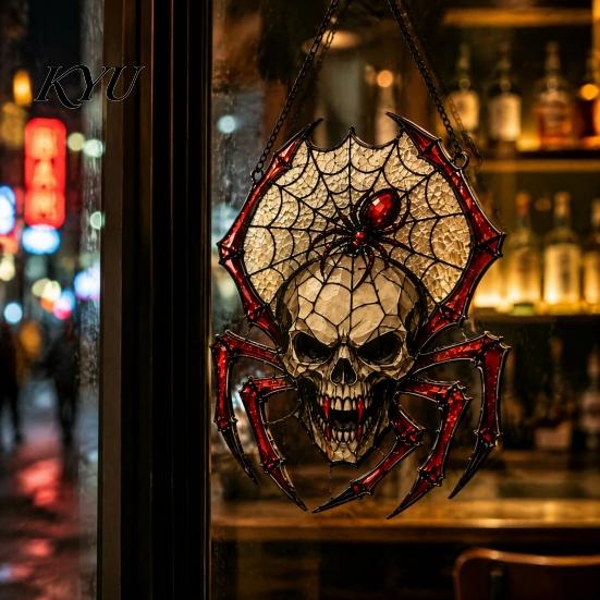 Retro Dark Aesthetic Room Decor Vintage Gothic Spider Sun Catcher, Stained Glass Style Shaped Suncatcher, Acrylic Skull Wall Pendant Spooky