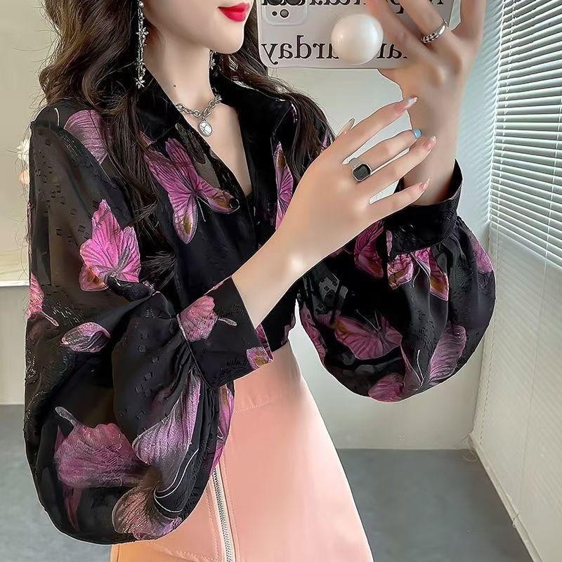 Retro Women's Printed Shirt Slim-fit Lantern Sleeve Floral Shirt Collared Chiffon Shirt Spring