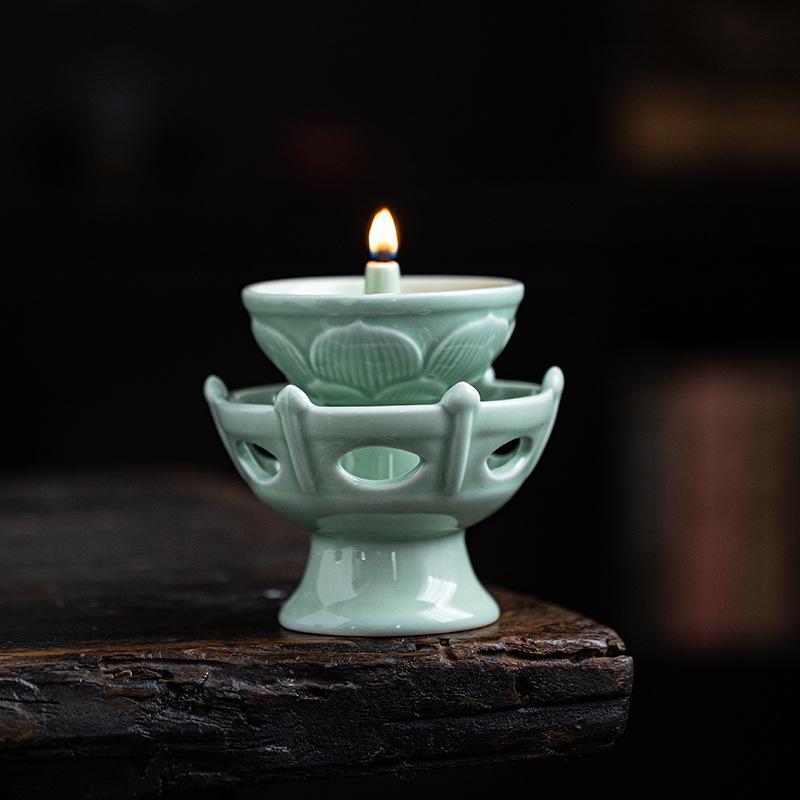 

New Chinese ceramic decoration Retro celadon oil lamp candlestick for Buddha lamp butter lamp household Buddha front permanent