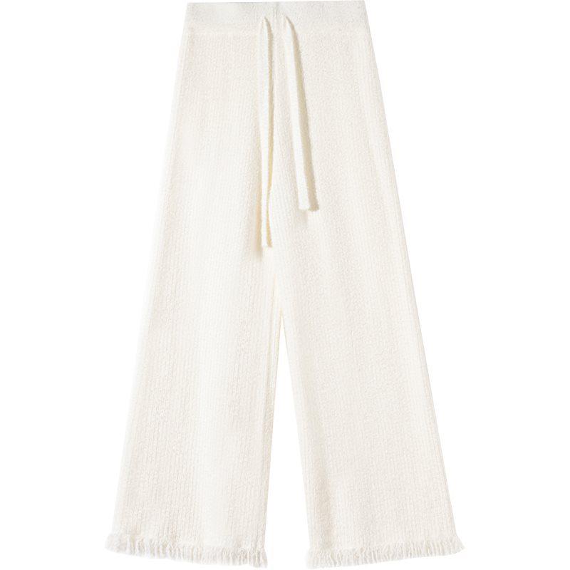 Damen Frühling/Sommer Fransenquasten Strick Weitbein Hose mit Samt Nerzfell, Bodenlang, Mikro Flare.