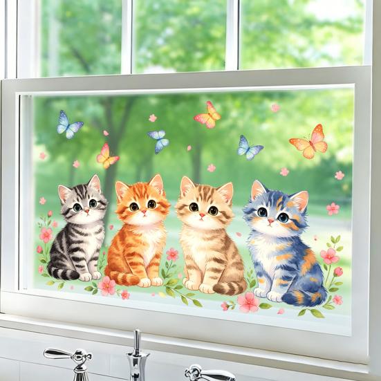 Spring Cat Window Cling Cartoon Cat Flowers Butterflies Window Sticker Reusable Static Glass Decal for Bathroom Kitchen Glass Doors Windows