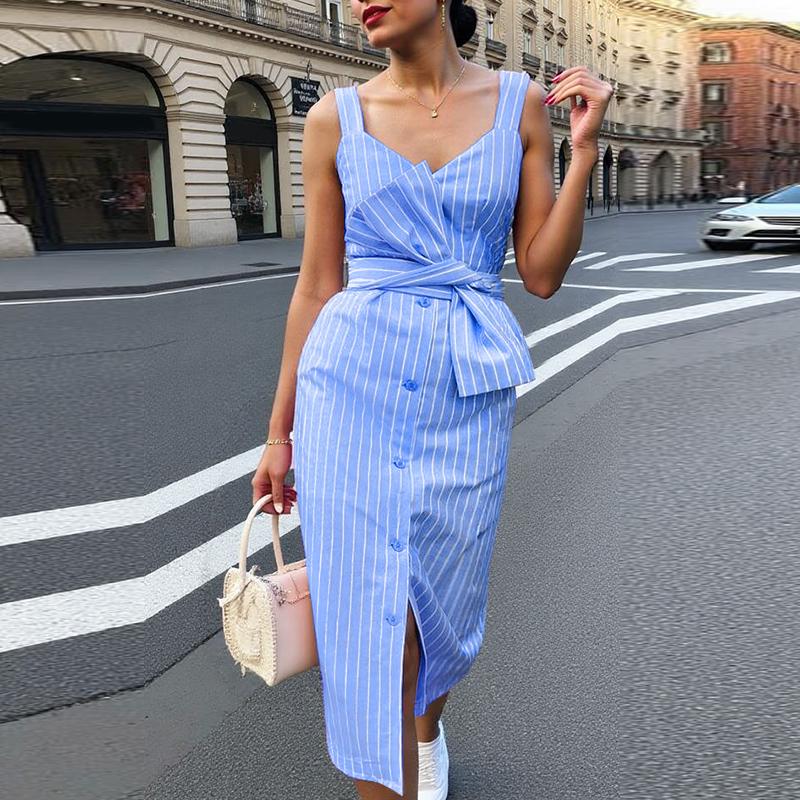 ZANZEA Damen Sommer V-Ausschnitt Lässig Ärmellos Streifenkleid