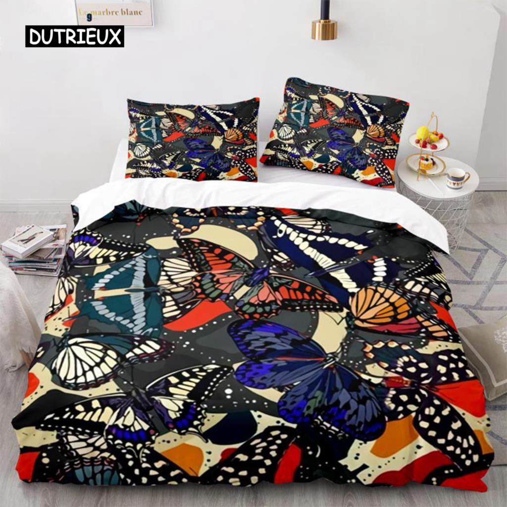 Butterfly Duvet Cover Set Blue Butterflies And Dragonfly Design White Twin Bedding Set For Kids Teen Girl Microfiber Quilt Cover