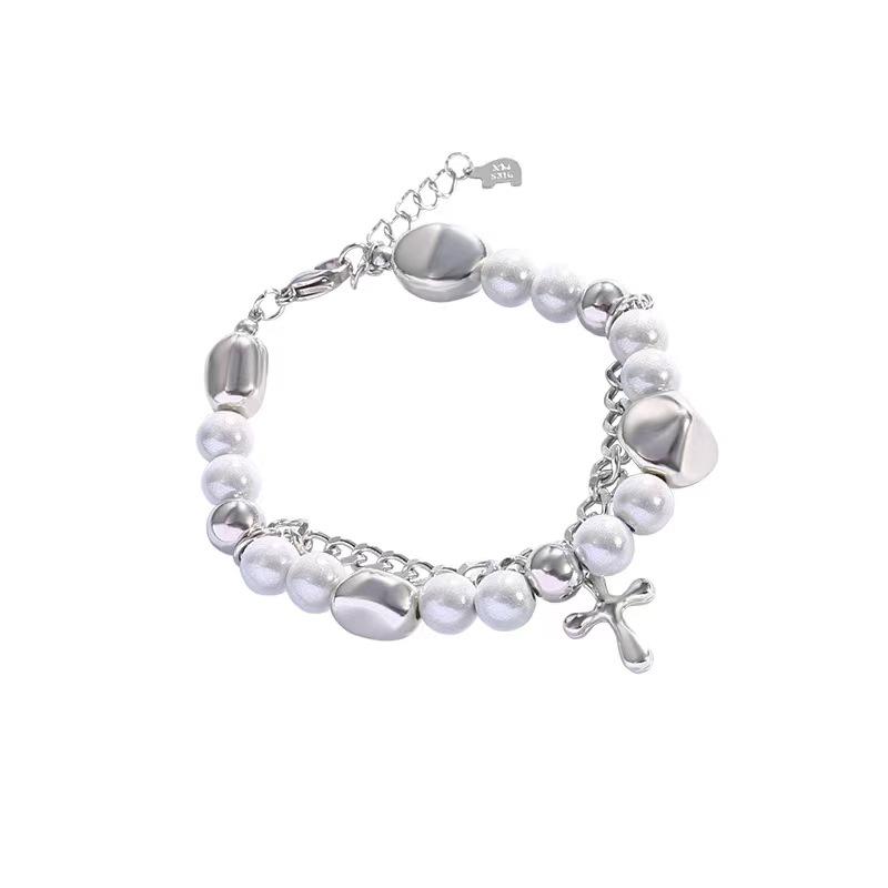 Double-layer splicing reflective pearl bracelet ins niche design high-end cold wind couple style trendy jewelry