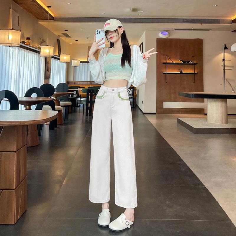 Women's High Waist Pink Wide-Leg Jeans - Spring 2025 Collection, Loose Fit, Petite Cigarette Straight Leg Style