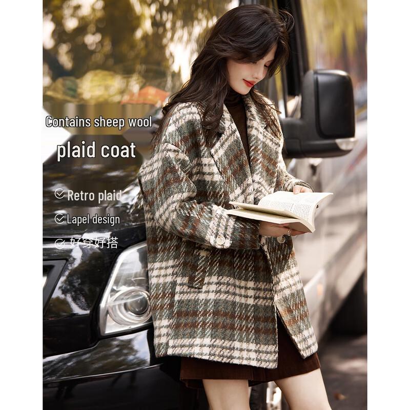 

Shangjing Women s Plaid Color-block Padded Mid-length Woolen Coat L