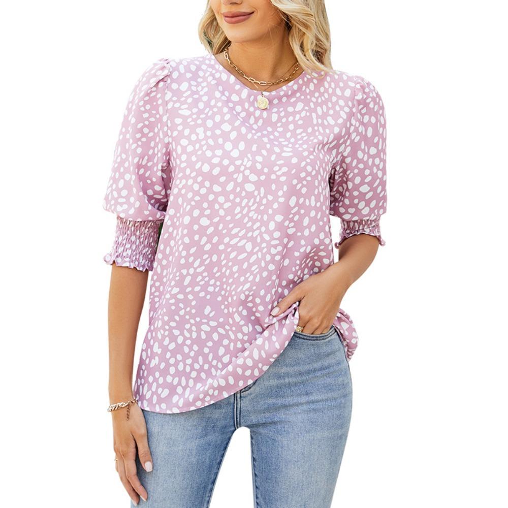 Summer New Loose Printed Short-sleeved Round Neck Chiffon Shirt for Women
