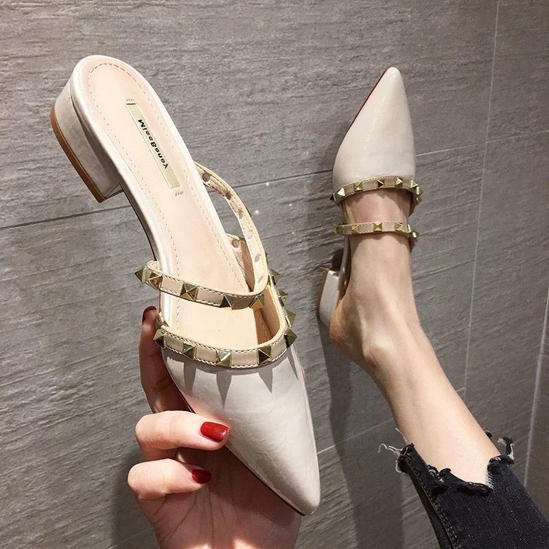 Net red envelope slippers women's fashion cool slippers pointed middle heel summer sexy head half slippers women