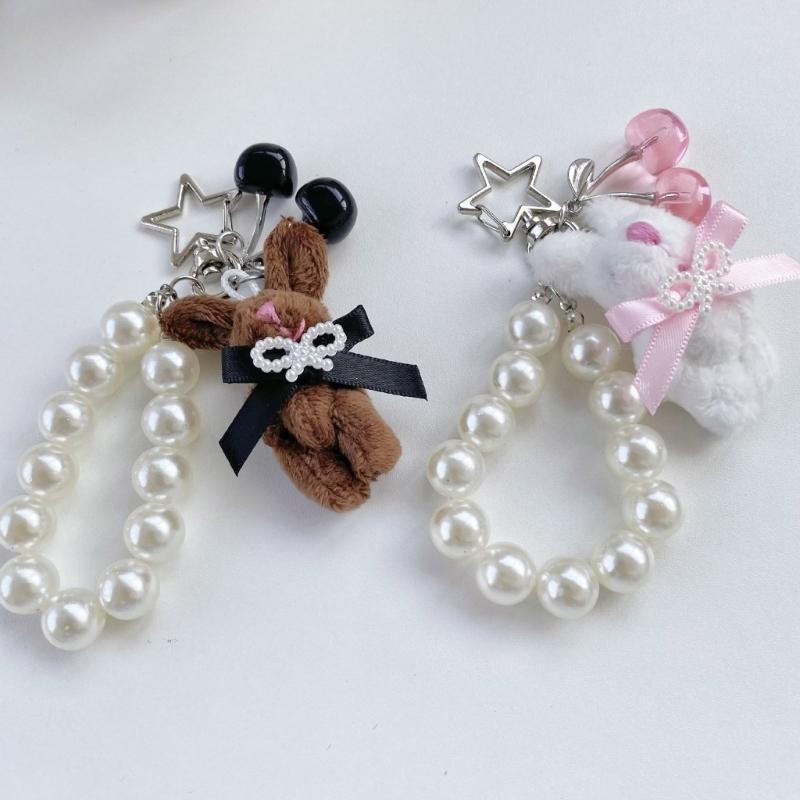 Adorable Rabbit Cherry Charm Keychain With Imitation Pearls Detachable Phone Strap Bag Accessories For Girls