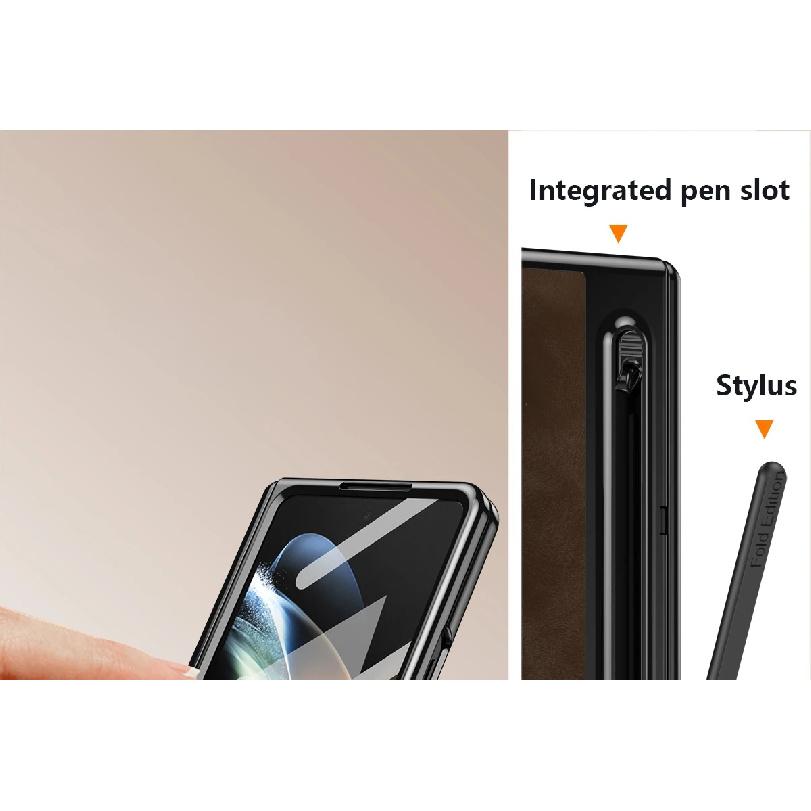 Leather Bracket Pen Slot With Stylus Case For Samsung Galaxy Z Fold7 6 5 4 Glass Screen Hinge Protection Cover For Z Fold 6 Slim