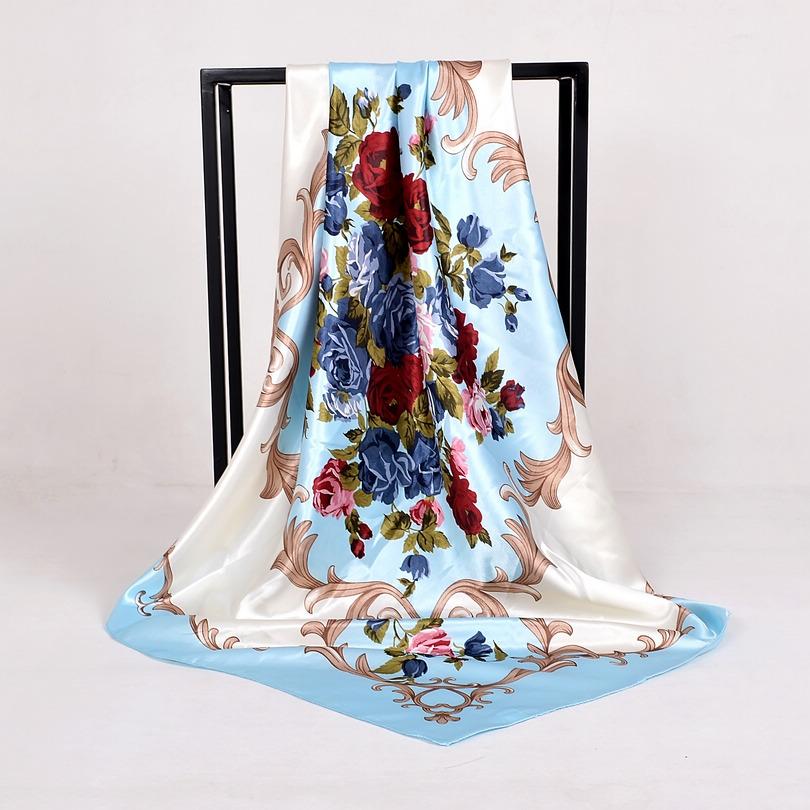 [BYSIFA] Coffee Women Silk Scarf Shawl Winter Elegant Brand Floral Large Square Scarves Wraps Fashion Muslim Head Scarf Blue,Red