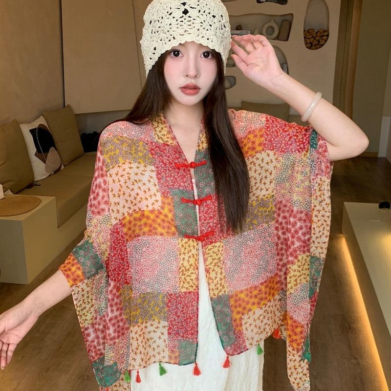 Small fresh green floral silk scarf women's summer travel buckle sunscreen large shawl beach towel thin yarn scarf scarf