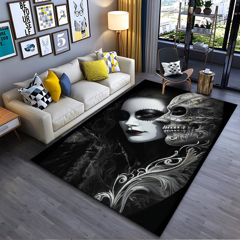 Masked Woman and Skull Art Design Rug Non-slip rug suitable for living room and bedroom sofas.