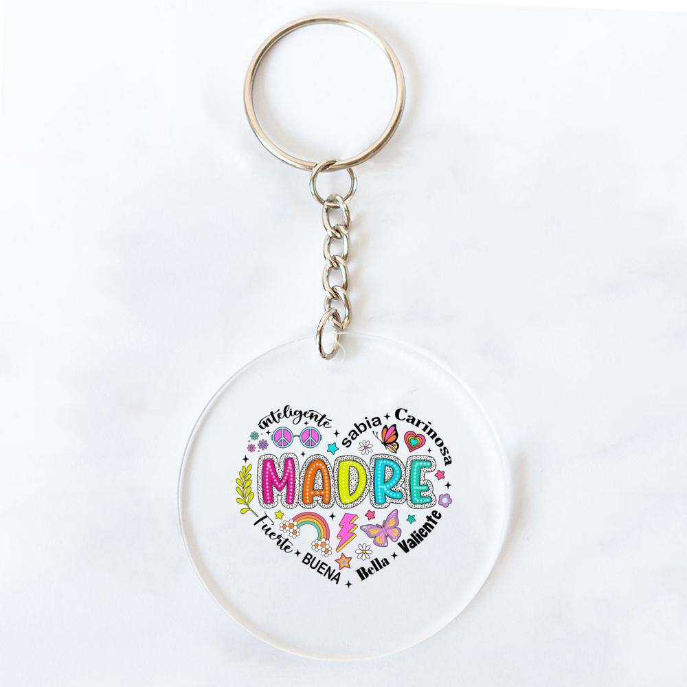 Intelligent Loving Brave Mother Spanish Print Keychain Circle Chain Acrylic Keyring Holiday Birthday Mother's Day Gift for Mama