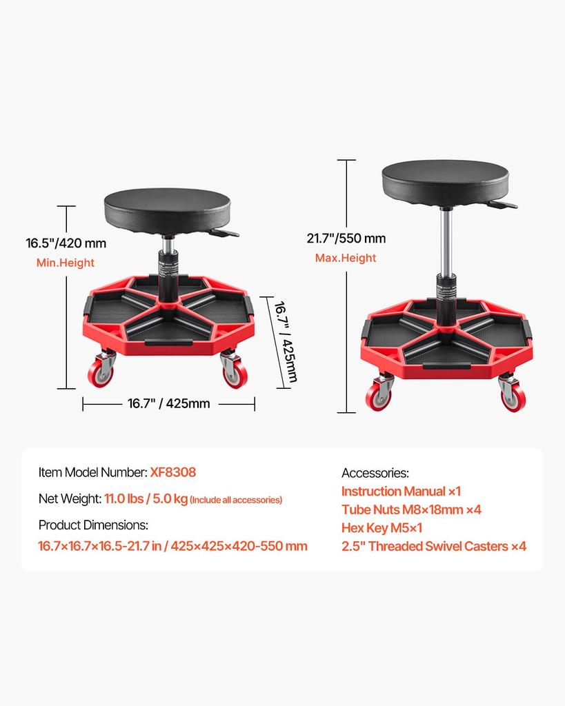 VEVOR Rolling Mechanic Stool with Wheels, 300 Lbs Capacity Garage Seat/Work Stool