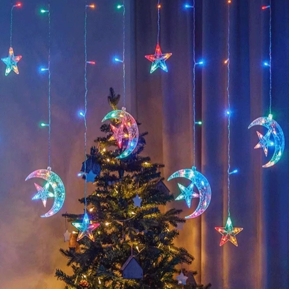 EU Plug LED Curtain Lights 220V Pentagram Star Lights Garden Lamp Moon Star String Lights  Patio