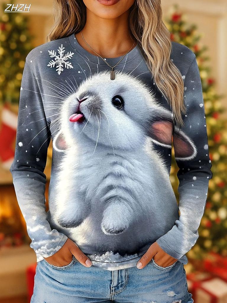 2025 Christmas Women's T Shirt Graphic Santa Claus Snowman Fashion Casual Long Sleeve Round Neck Regular Tops Print Spring Fall